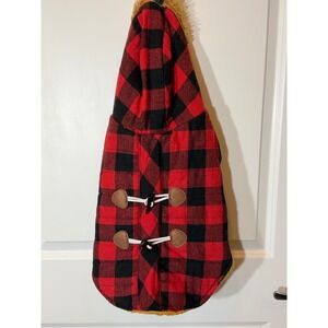 Red Black Buffalo Plaid Dog Coat Winter Warm Sherpa Lined Hooded Toggle